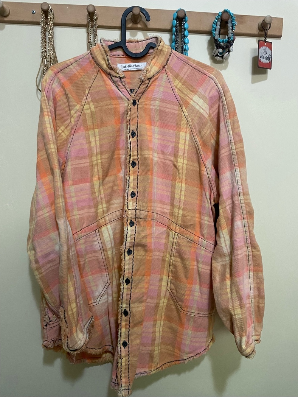 We The Free Orange Pink Plaid Button-Front Casual Shirt